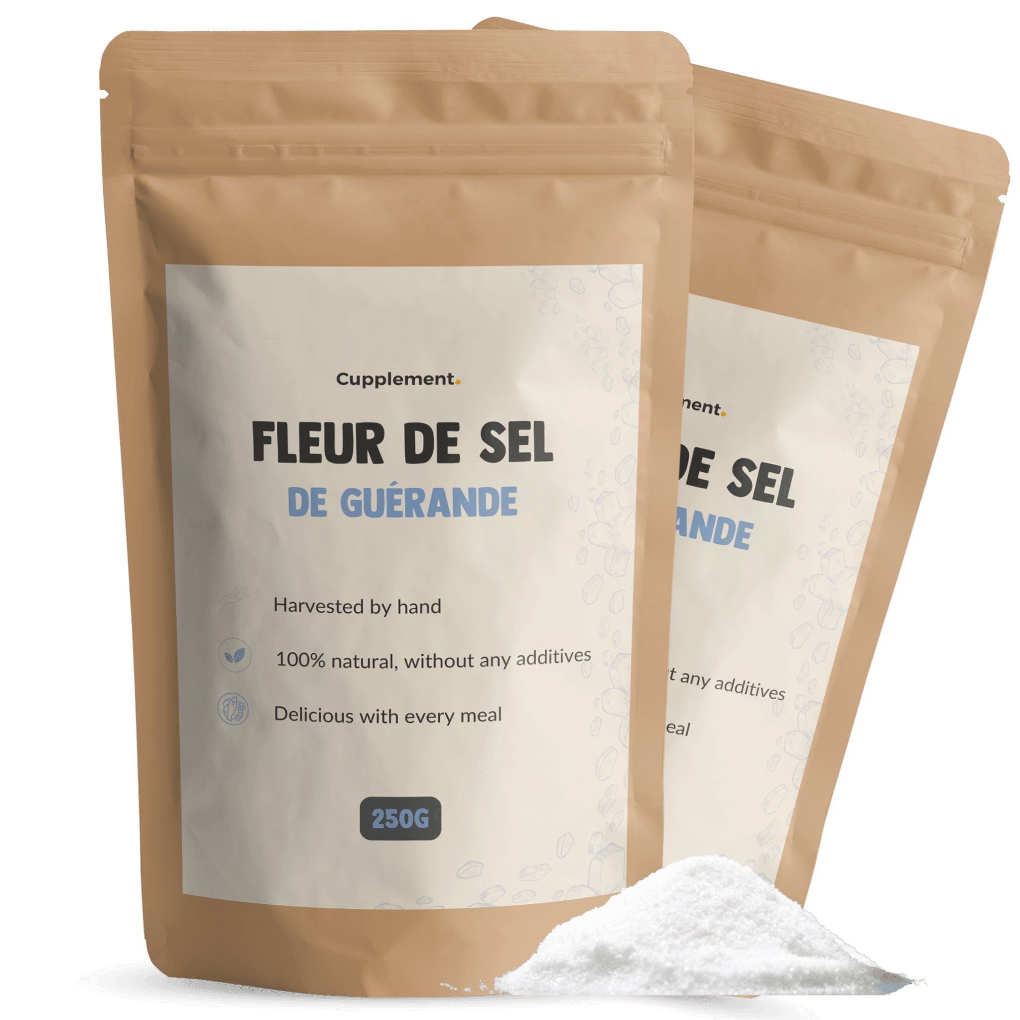 Zwei Beutel Cupplement® Fleur de Sel de Guérande. Braune Verpackung mit weißem Etikett. 250g.