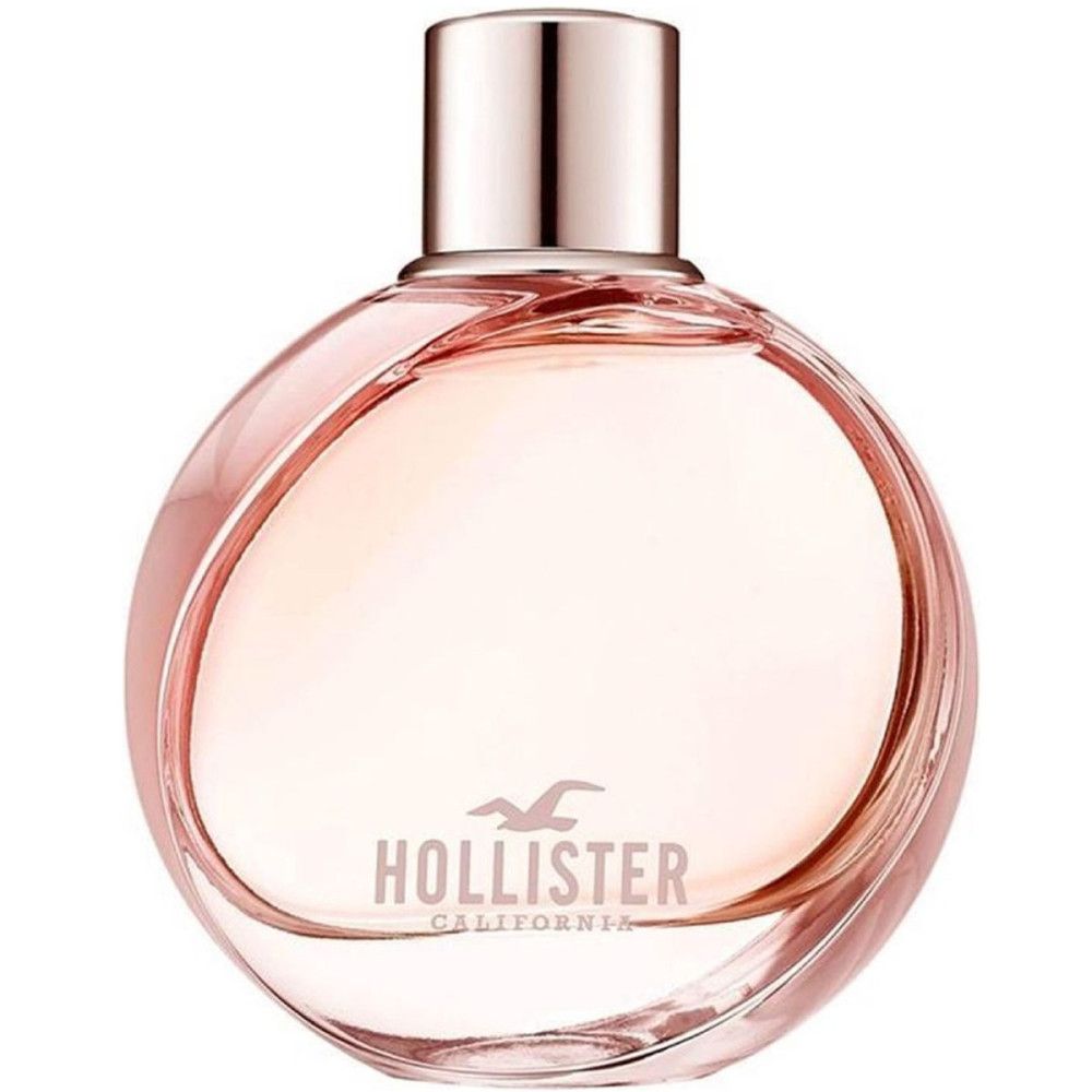 Runder Flakon mit rosa Flüssigkeit und silbernem Verschluss. Aufschrift: Hollister California. Wave-Logo.