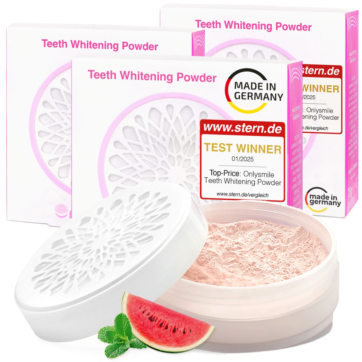 Zahnaufhellungspulver in Dose und Verpackung. Mit Zertifizierung "Made in Germany" und "Test Winner".