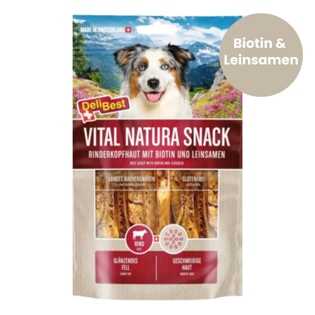 DeliBest Vital Natura Snack Rinderkopfhaut mit Biotin und Leinsamen, glutenfrei.