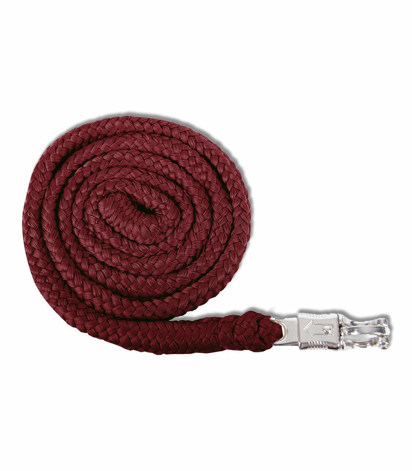 Burgunderroter Anbindestrick, gerollt. Metallkarabinerhaken. Geflochtenes Seil. Weißer Hintergrund.