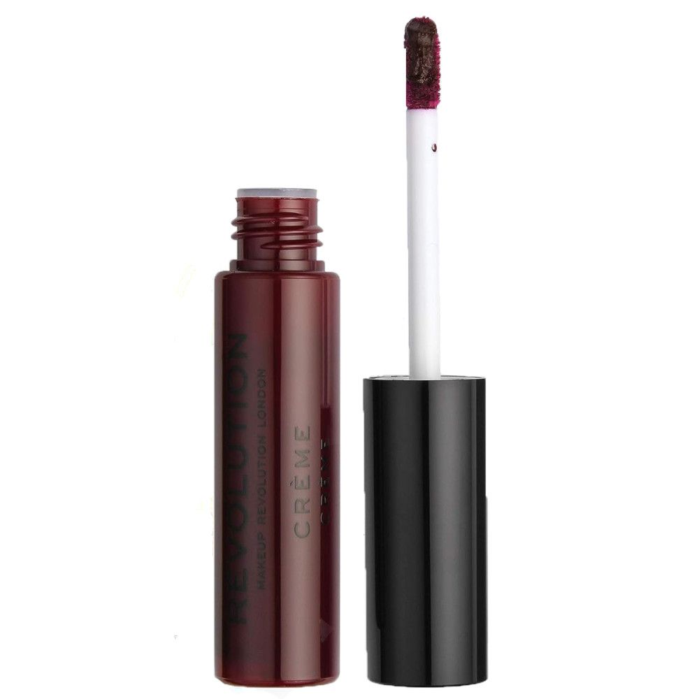 Dunkelroter Creme-Lippenstift in einer Flasche. Schwarzer Deckel, weißer Applikator. Aufschrift: CRÈME, Makeup Revolution London.