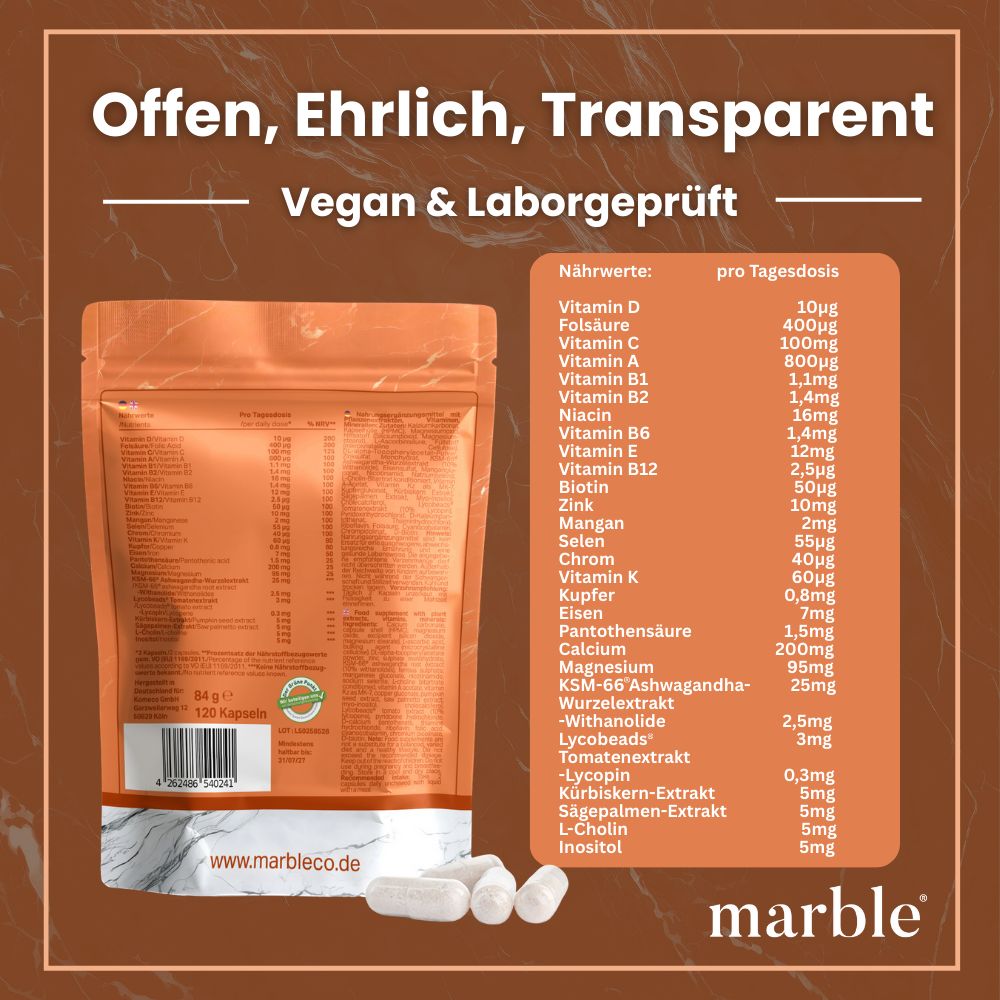 Beutel mit Kapseln. Text: Multi Complete Plus, 120 Kapseln, Inhaltsstoffe, vegan, laborgeprüft.