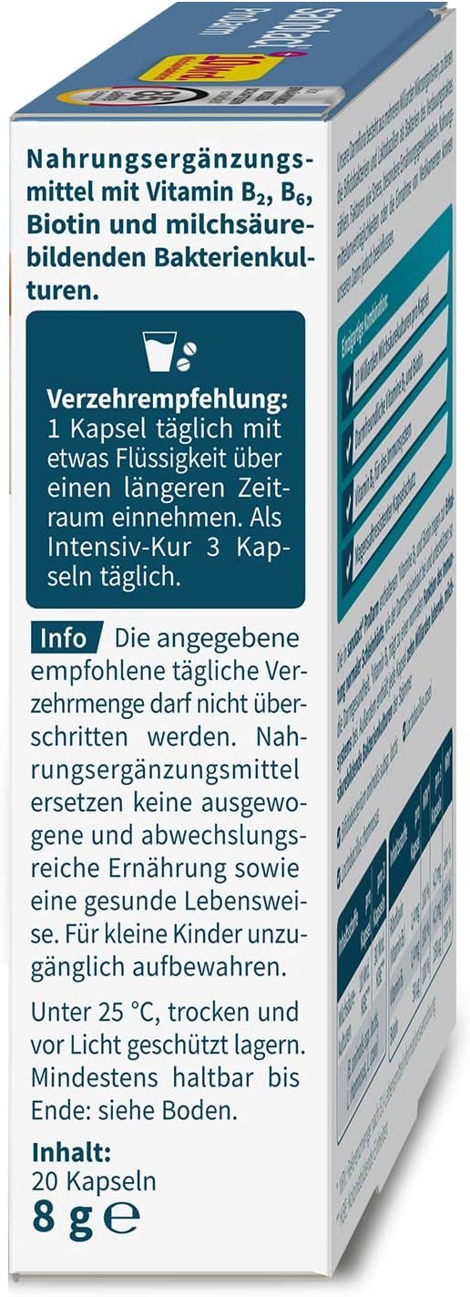 Seite der Sanotact ProDarm Packung. Enthält Verzehrempfehlung, Lagerhinweise und Inhaltsangaben. 20 Kapseln, 8 g.