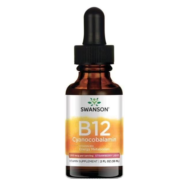 Braune Glasflasche mit schwarzem Tropfer. Aufschrift: SWANSON B12 Cyanocobalamin. Erdbeer-Flüssigkeit. Vitamin-Ergänzungsmittel.