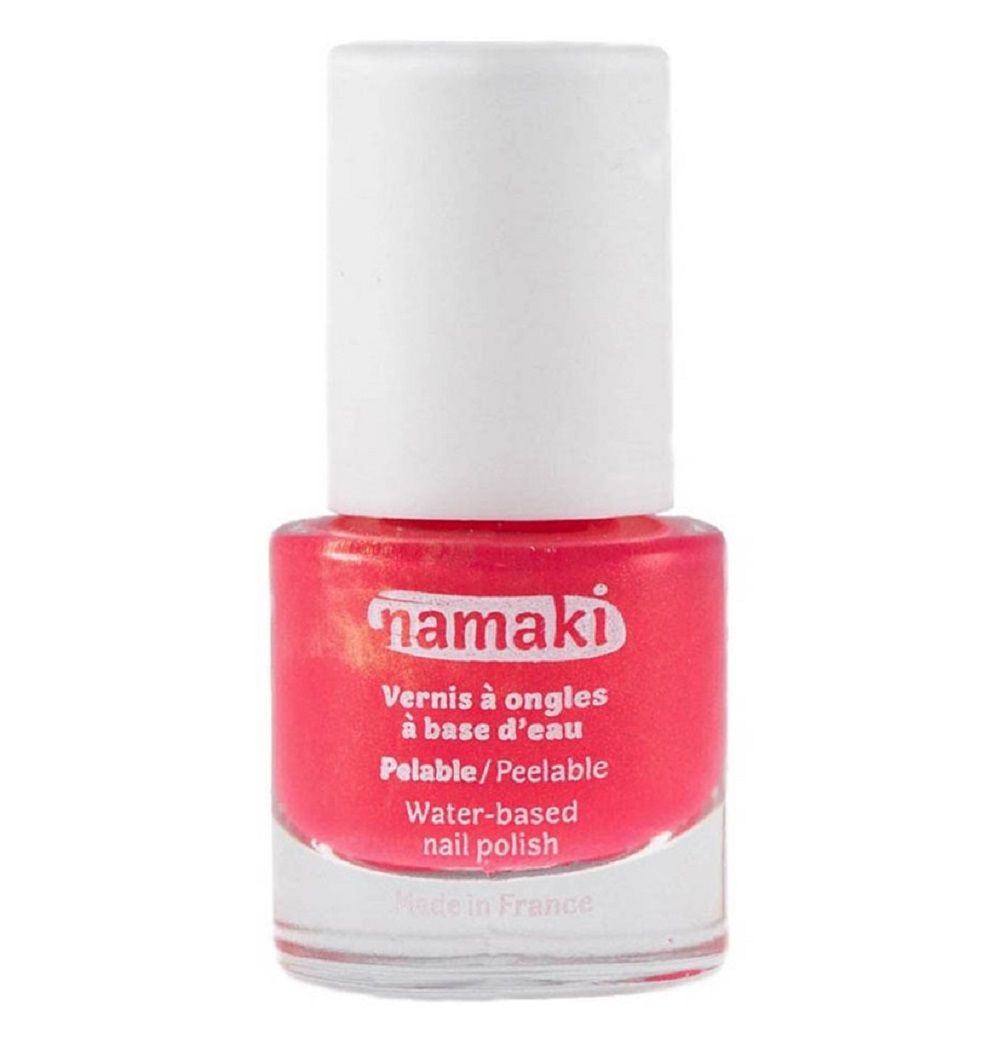Rosa Nagellackflasche mit weißem Deckel. Aufschrift: namaki, Vernis à ongles à base d'eau, Pelable/Peelable, Water-based nail polish.