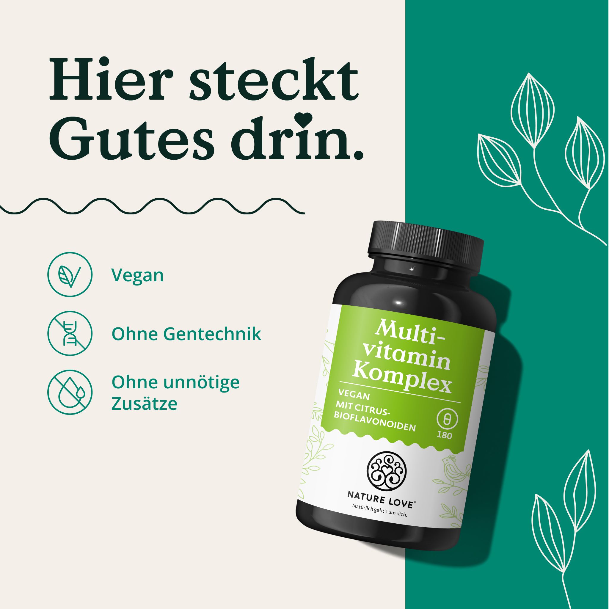 Flasche Multivitamin Komplex, vegan, mit Citrus-Bioflavonoide, 180 Kapseln, mit Siegel 'Beste Produktqualität'.