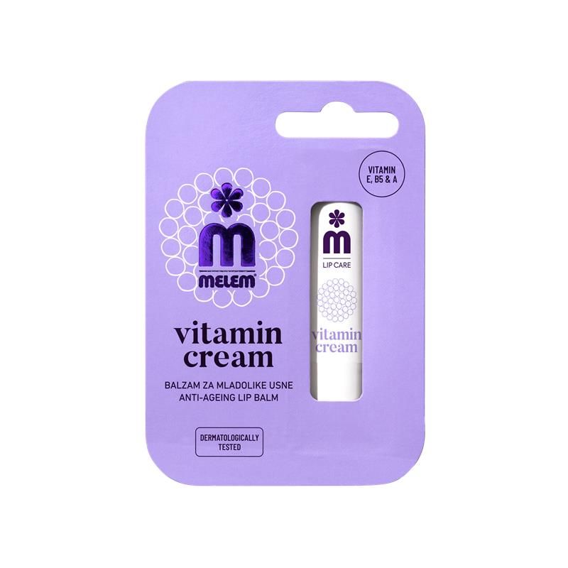 Lippenbalsam-Verpackung. Lila Verpackung mit Lippenbalsam. Aufschrift: MELEM, Vitamin Cream, Anti-Aging Lip Balm. Dermatologisch getest.