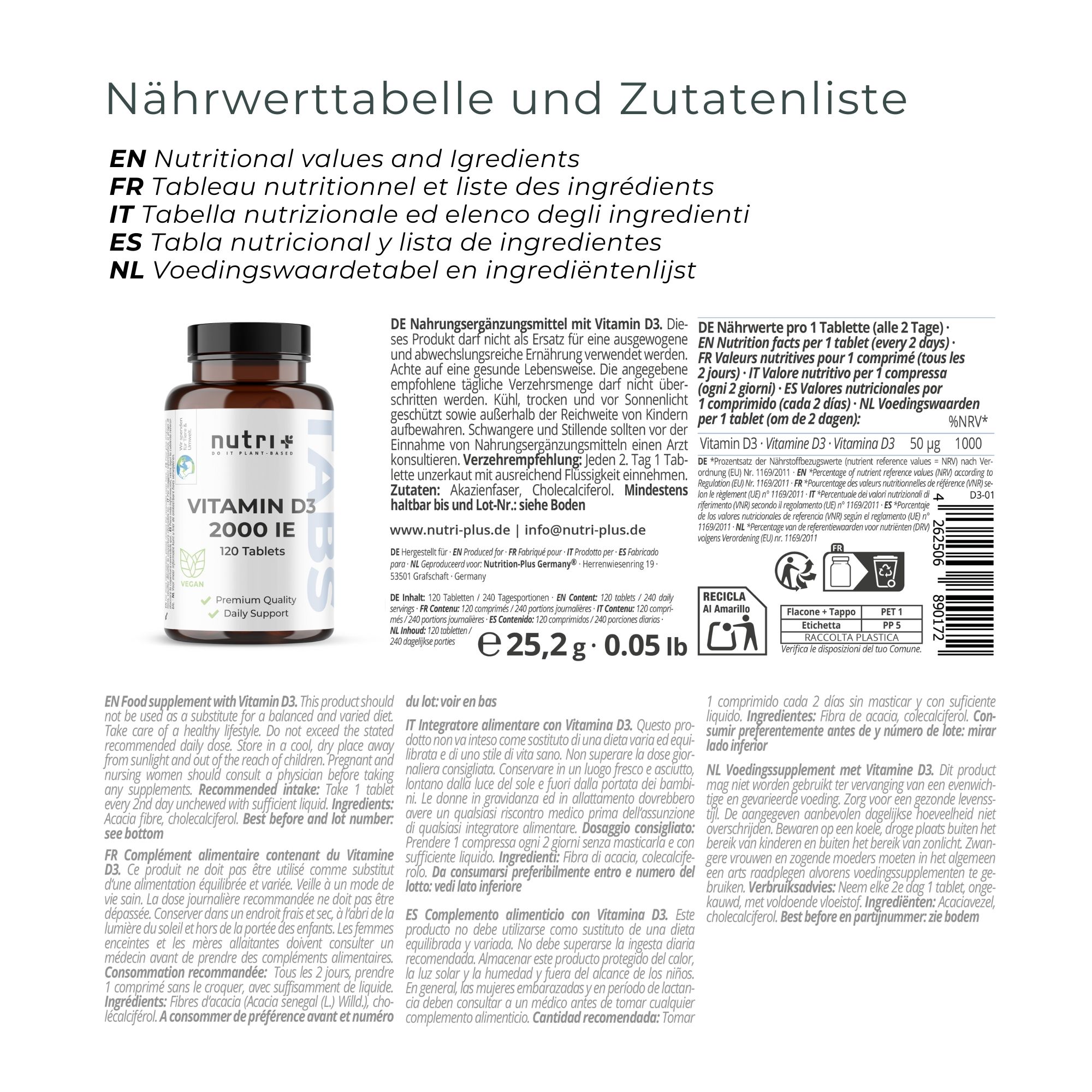 Nährwerttabelle und Zutatenliste.  "nutri+" Vitamin D3 2000 IE Flasche.  Mehrsprachige Informationen.