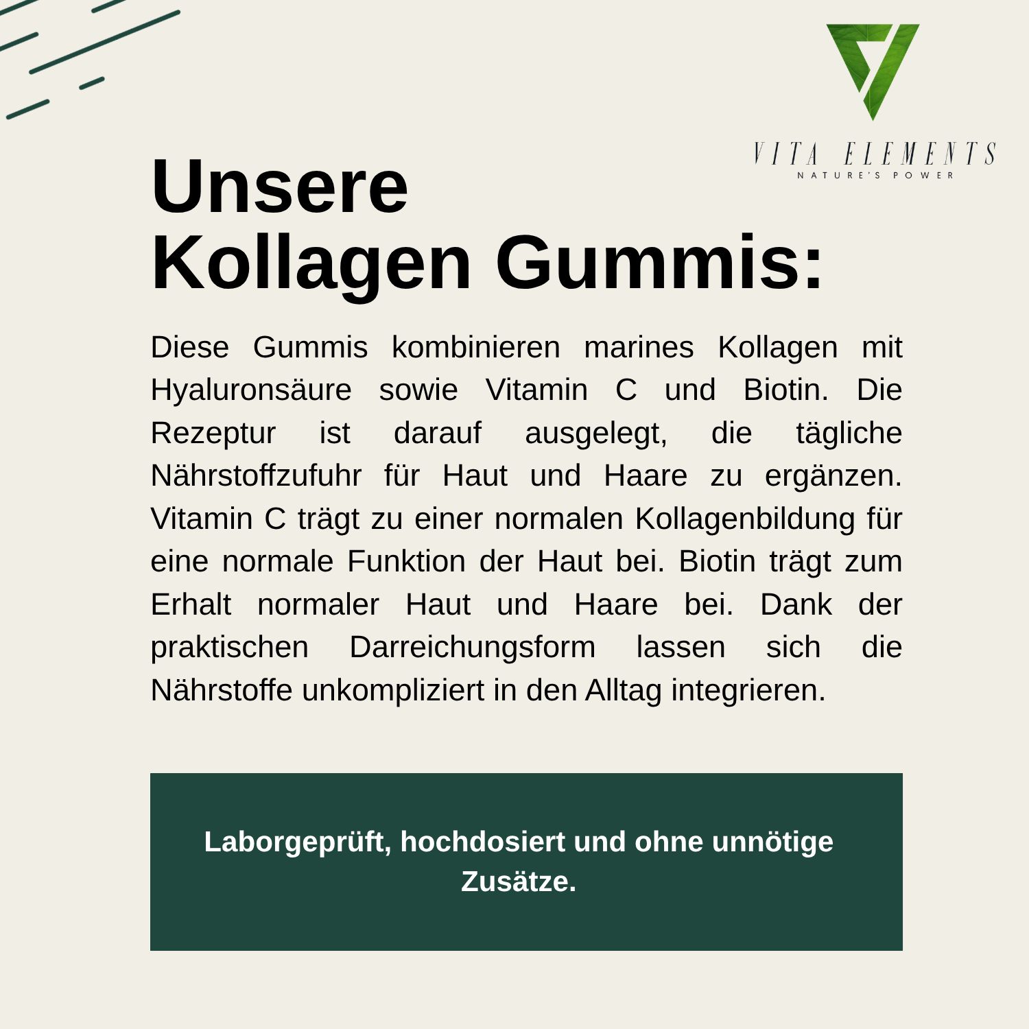 Flasche Vita Elements Kollagen Gummibärchen mit Etikett, das Inhaltsstoffe und Vorteile hervorhebt.