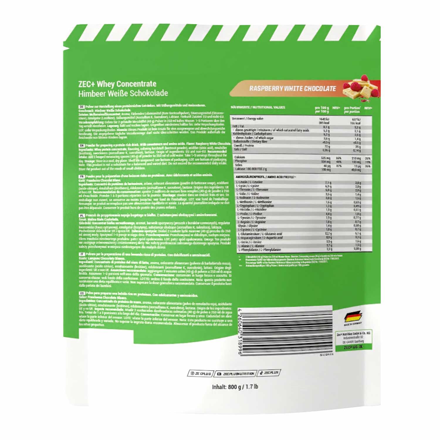 Rückseite der ZEC+ Whey Concentrate Verpackung. Enthält Nährwertangaben, Zutatenliste und Herstellerinformationen.