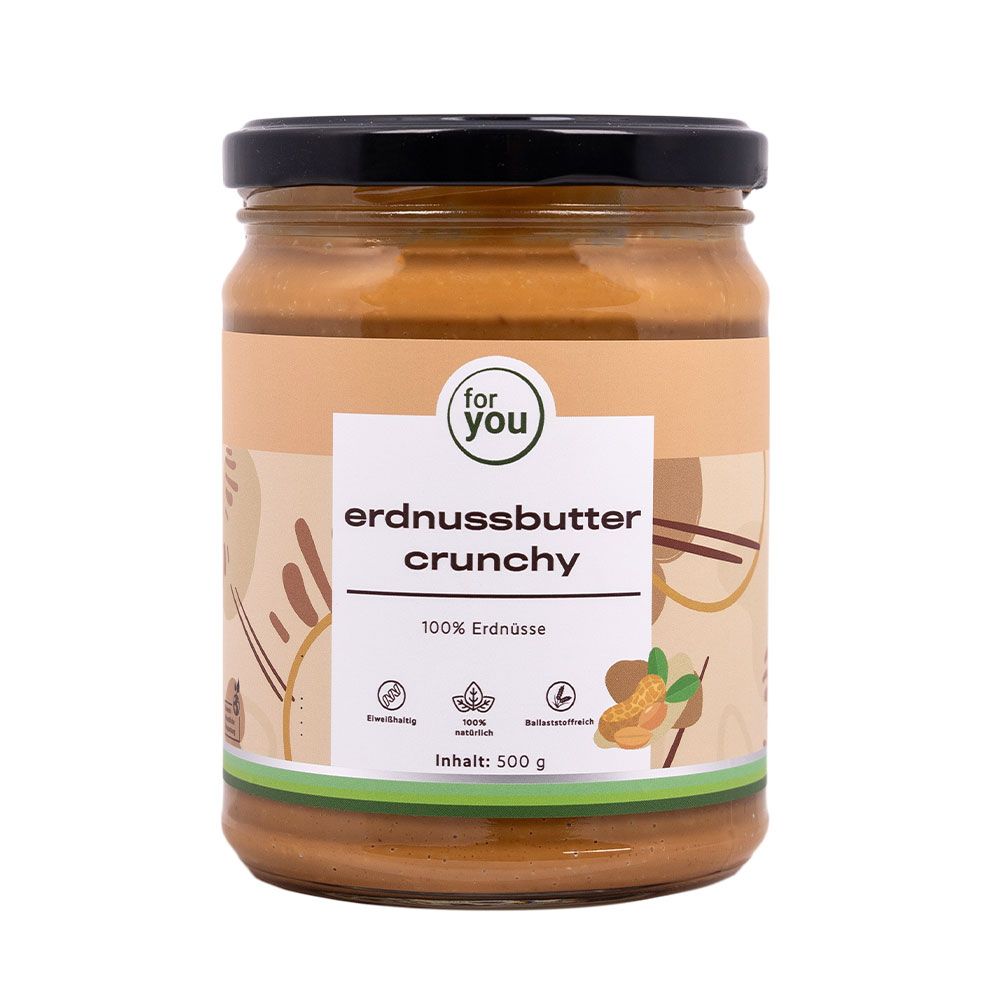 Glas mit Erdnussbutter Crunchy. Aufschrift: for you, erdnussbutter crunchy, 100% Erdnüsse. Inhalt: 500 g.