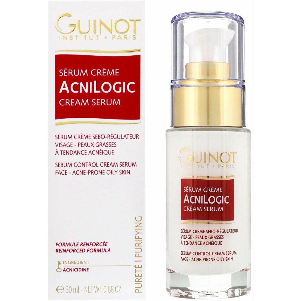 Serumflasche und Verpackung. Text: ACILOGIC, Serum. Marke: Guinot. Inhaltsstoffe.