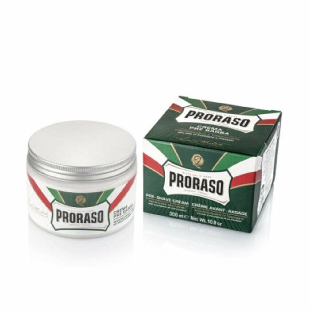 Tiegel und Schachtel. Aufschrift: PRORASO. Grün-weiß-rote Streifen. Text: Pre-Shave Cream. Mit Eukalyptusöl und Menthol. Silberner Deckel.