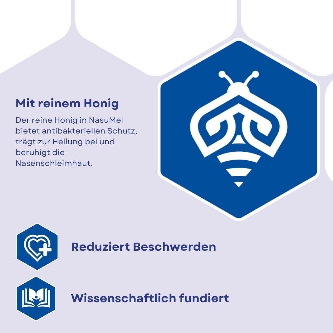 Text: Mit reinem Honig. Reduziert Beschwerden. Wissenschaftlich fundiert. Logo: Biene im Wabenmuster.