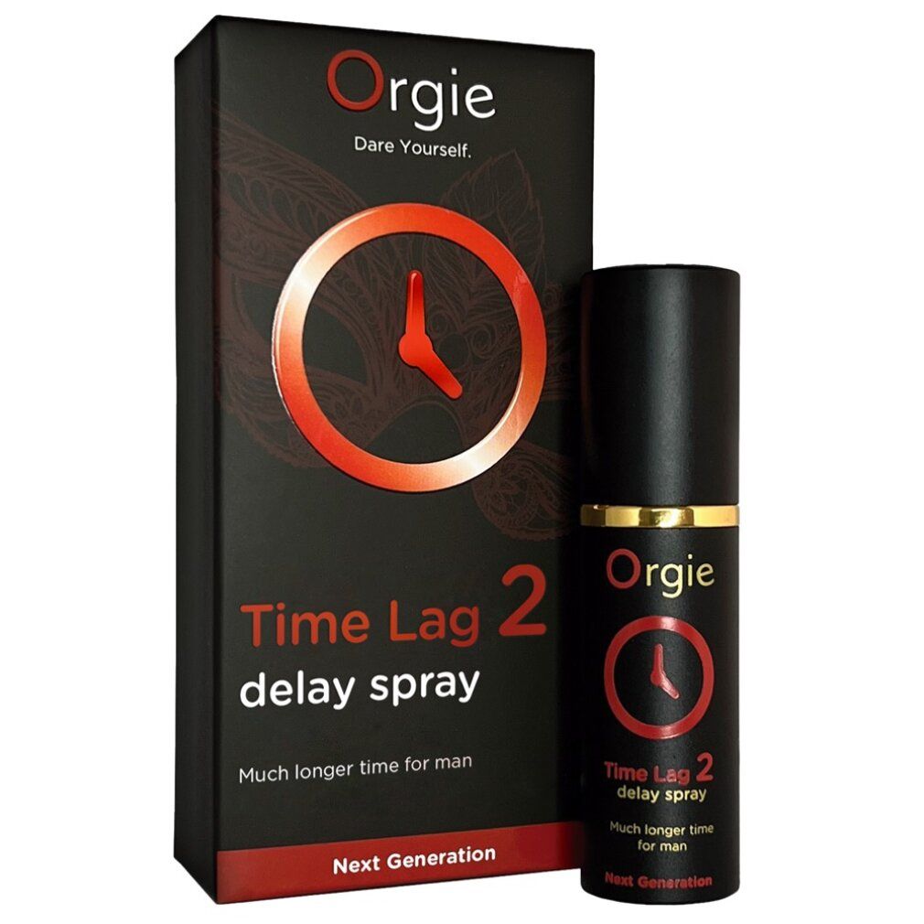 Schwarze Flasche und Verpackung. Aufschrift: Orgie, Time Lag 2 Delay Spray. Orangefarbenes Zifferblatt-Logo.