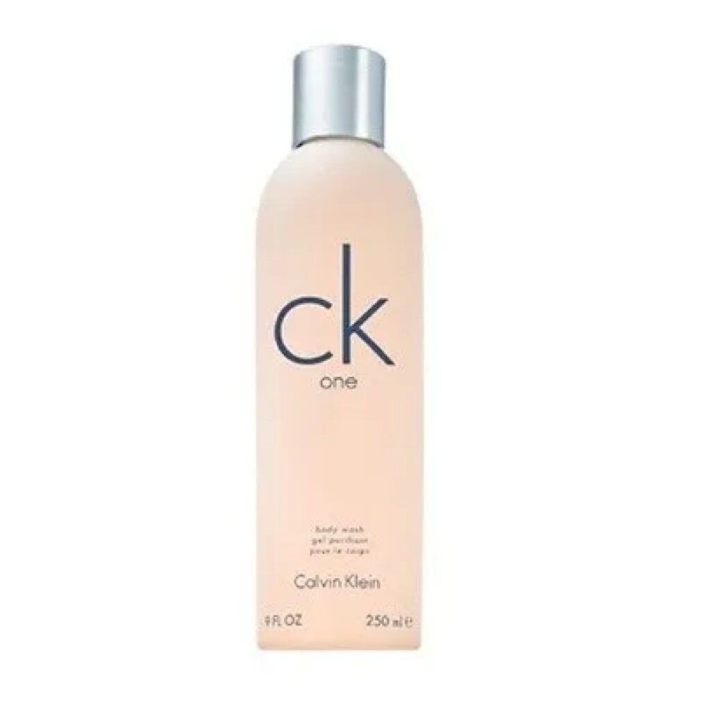 Körperwäsche-Flasche mit silbernem Deckel. Aufschrift "ck one" und "Calvin Klein". 250ml.