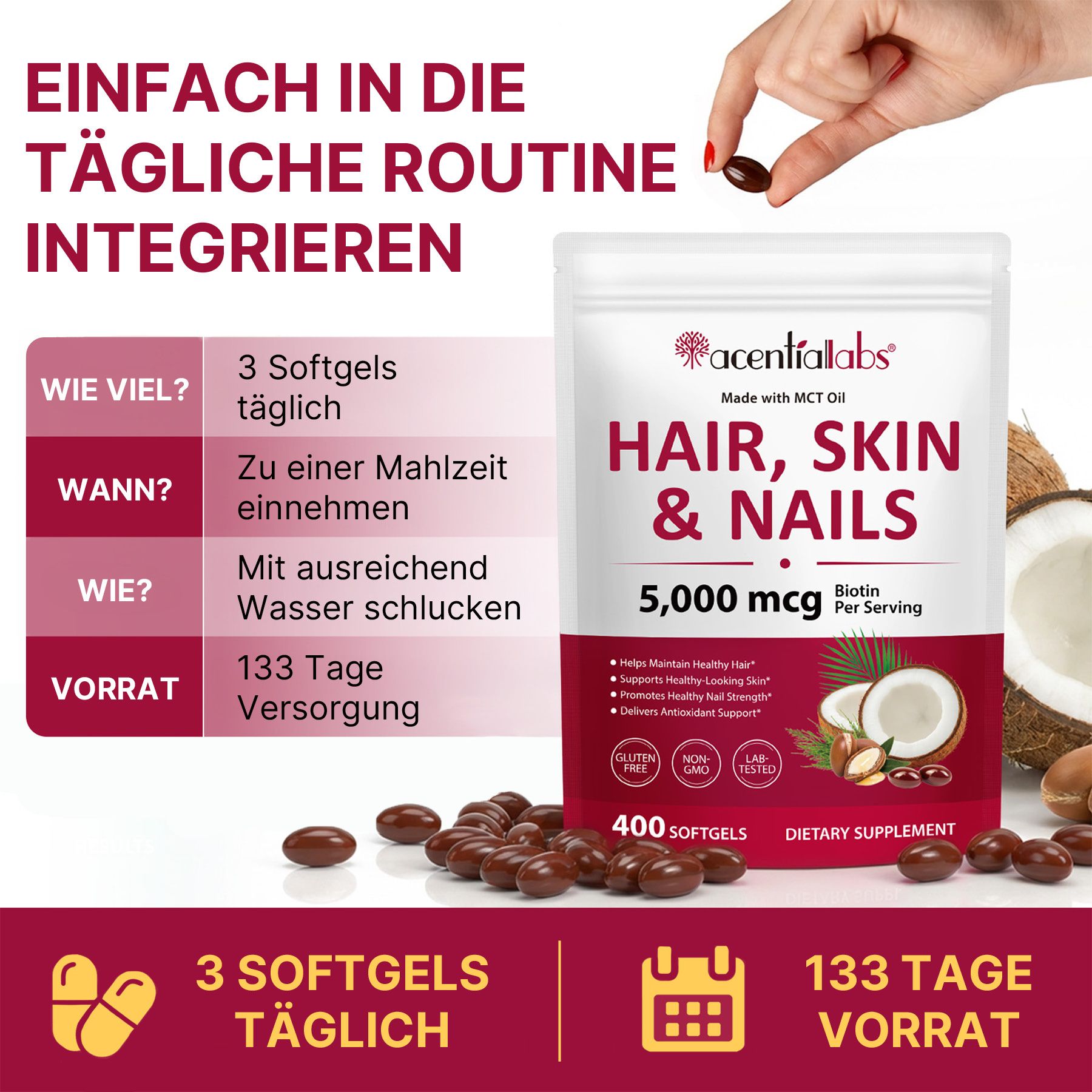 Acentiallabs Nahrungsergänzungsmittel Biotin Hochdosiert für Haut Haare Nägel mit Vitaminen