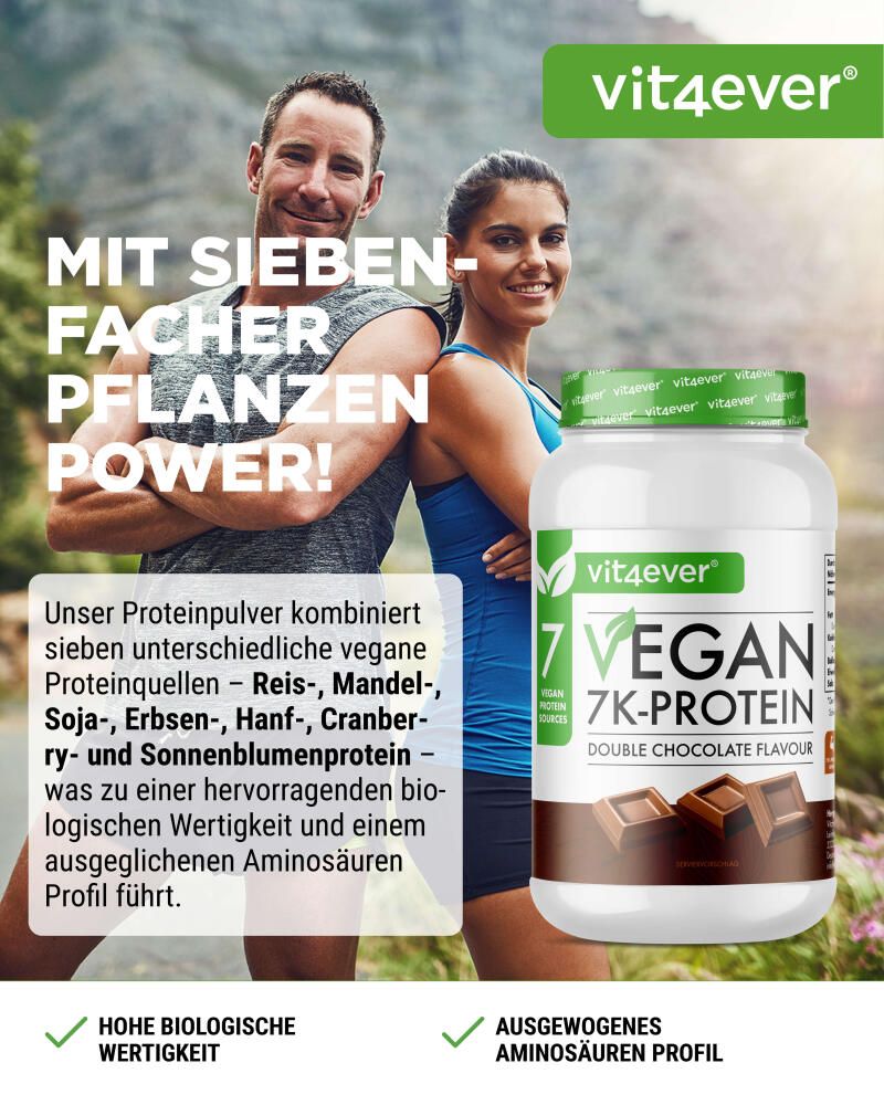 Werbung mit Mann und Frau. Dose "vit4ever 7K-PROTEIN" im Hintergrund. Text: "MIT SIEBENFACHER PFLANZEN POWER!" und Produktbeschreibung.