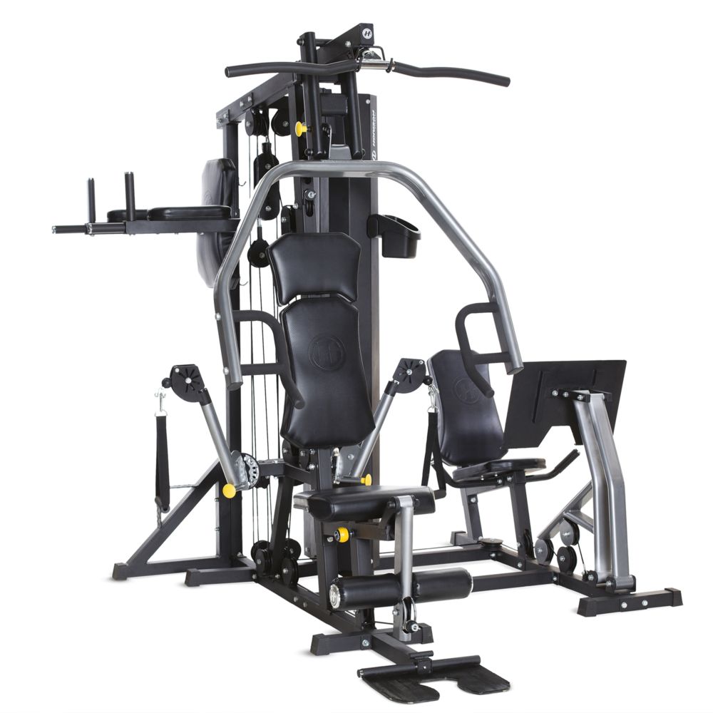 Multifunktionale Fitnessstation. Schwarzer Rahmen, gepolsterte Sitze und Rückenlehnen. Verschiedene Griffe und Seilzüge. Horizon Fitness Torus 5.