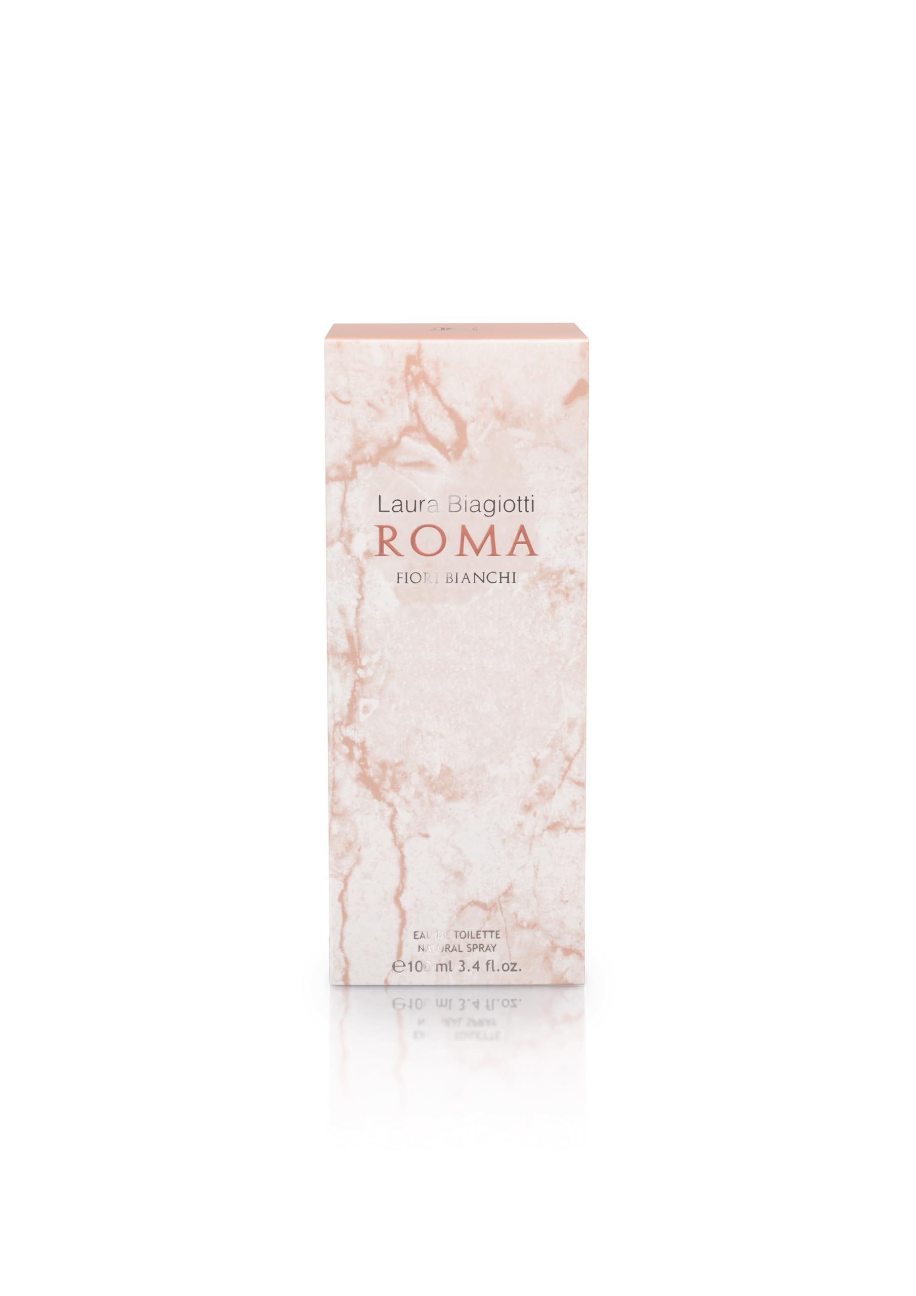 Rechteckige Verpackung, marmoriertes Muster, "Laura Biagiotti ROMA Fiori Bianchi"-Schriftzug. "Eau de Toilette"-Angabe.