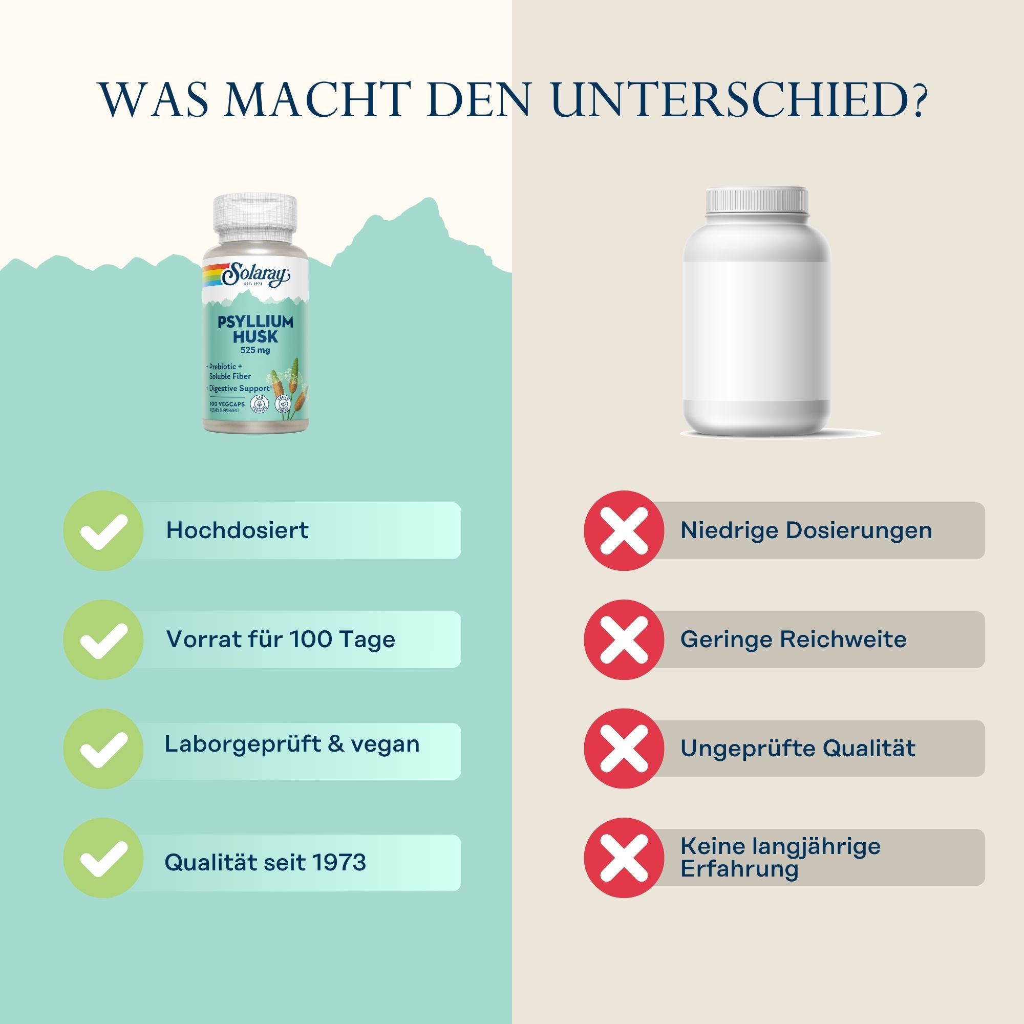Vergleich: Solaray Psyllium Husk vs. Marke X. Hochdosiert, 100 Tage Vorrat, Laborgeprüft & vegan, Qualität seit 1973.