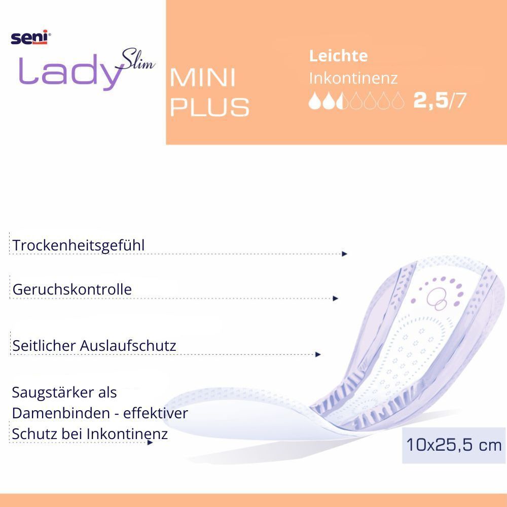 Seni Lady Slim Mini Plus. Produkt mit weißer Oberfläche und blauen Details. Abmessungen: 10x25,5 cm. Text: Leichte Inkontinenz.