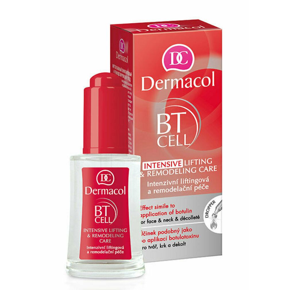 Serumflasche mit rotem Verschluss und Verpackung. Aufschrift: Dermacol BT CELL Intensive Lifting & Remodeling Care.