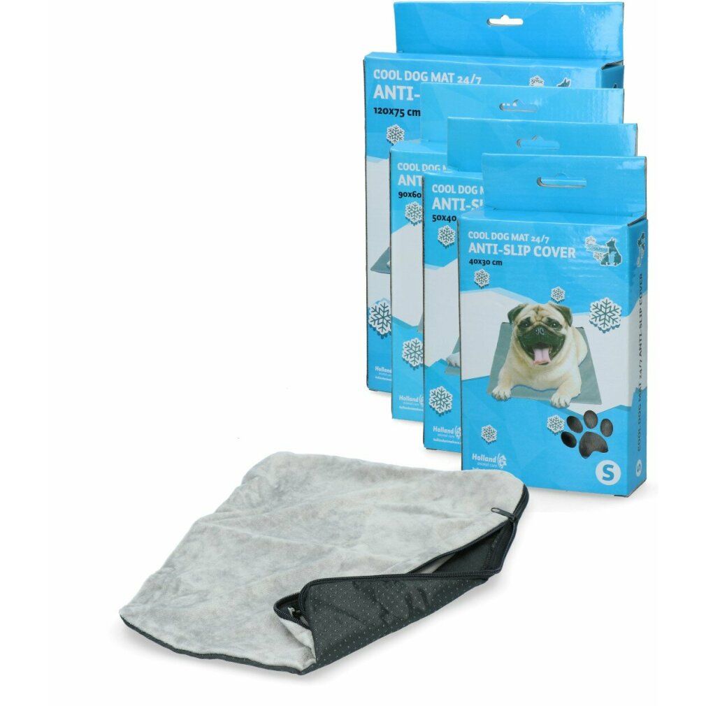 Mehrere Kühlmatten für Hunde mit Anti-Rutsch-Bezug und Verpackung. Hellgrau, schwarze Reißverschlüsse. Größe S.