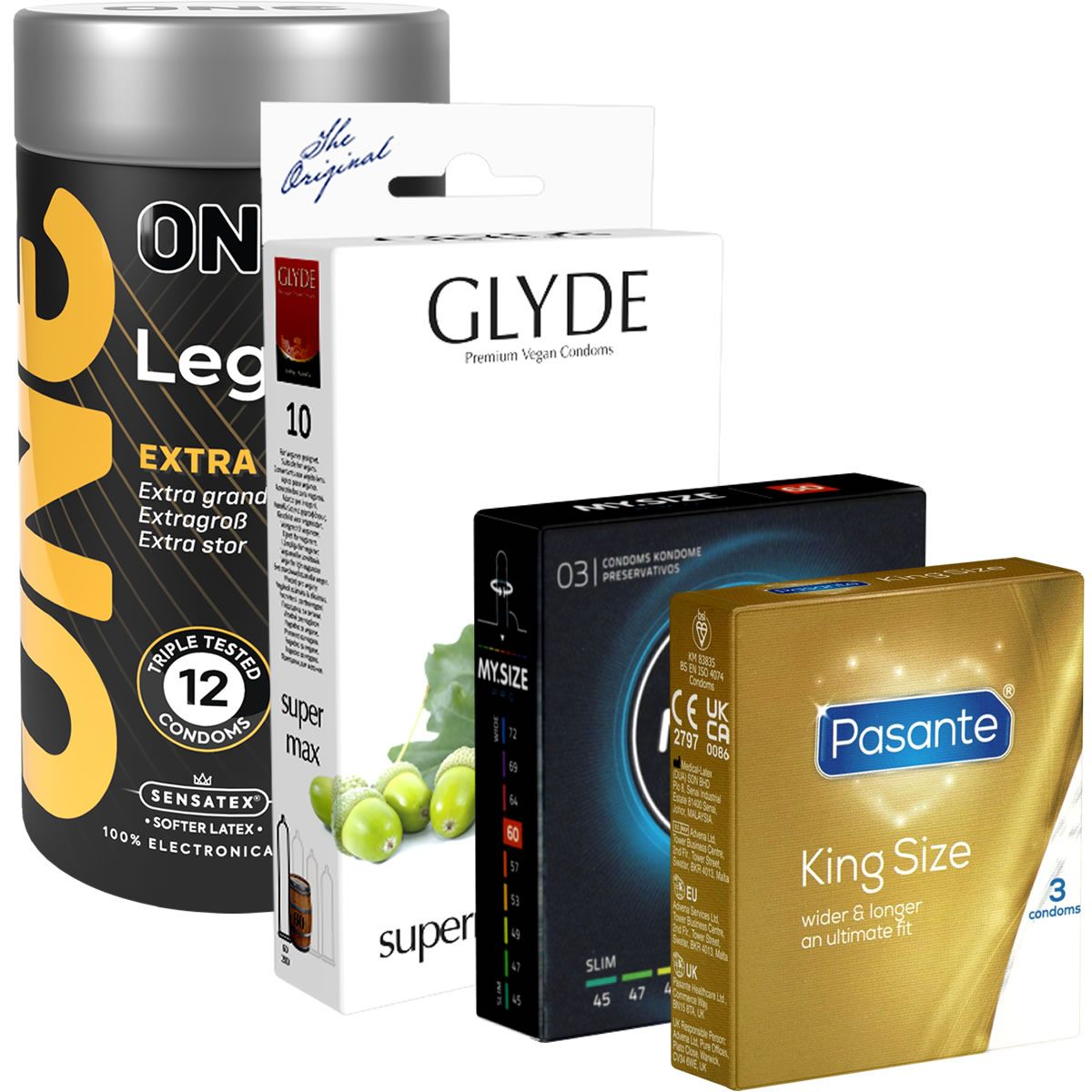 Verschiedene Kondomverpackungen. Marken: ON, Glyde, MySize, Pasante. Größenangaben: Extra, King Size. Verpackungen mit 3, 10 oder 12 Kondomen.