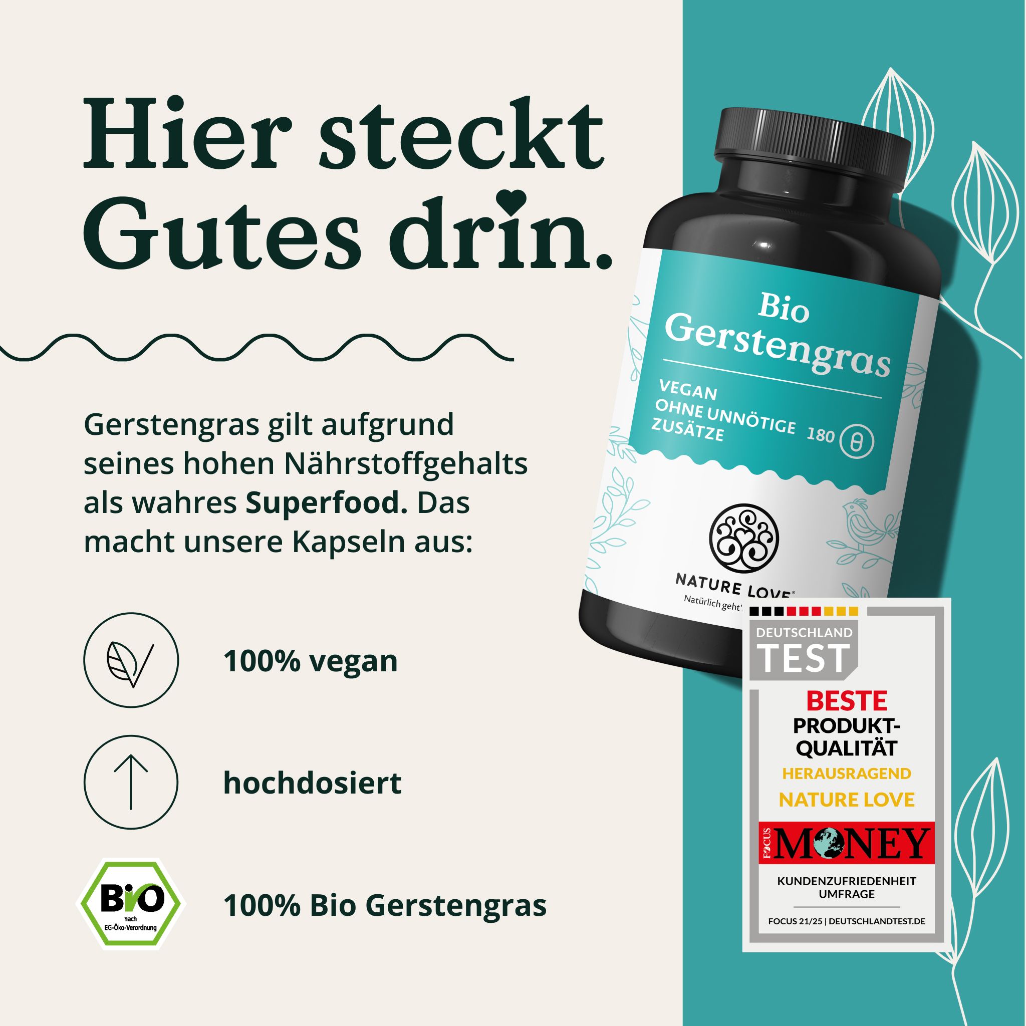 NATURE LOVE® Bio Gerstengras Kapseln: 100% vegan, hochdosiert, 100% Bio Gerstengras. Auszeichnungen: "Beste Produkt-Qualität".
