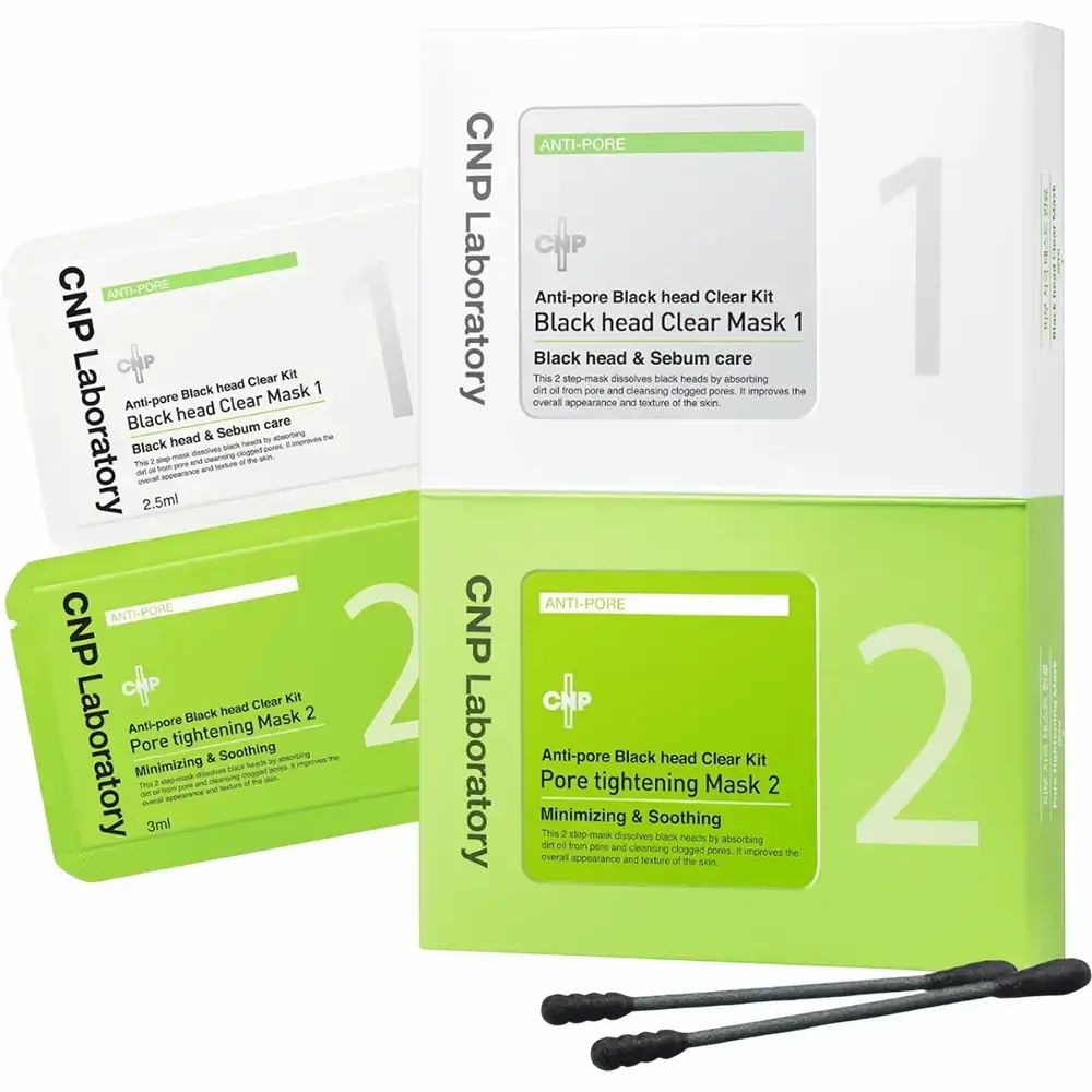 Verpackung des CNP Laboratory Anti-Pore Clear Kit. Enthält Maske 1 und 2. Grün-weiße Verpackung mit Produktinformationen und Applikatoren.