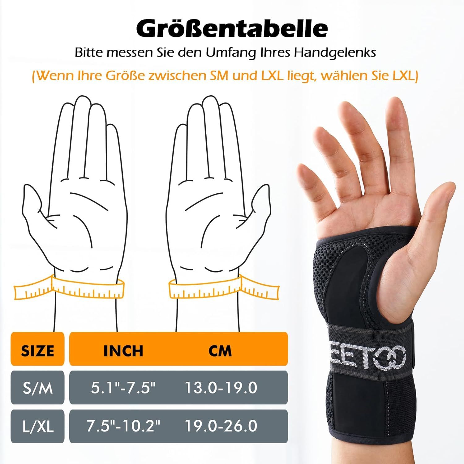 Größentabelle für Handgelenkbandagen mit Maßen in Inch und cm.