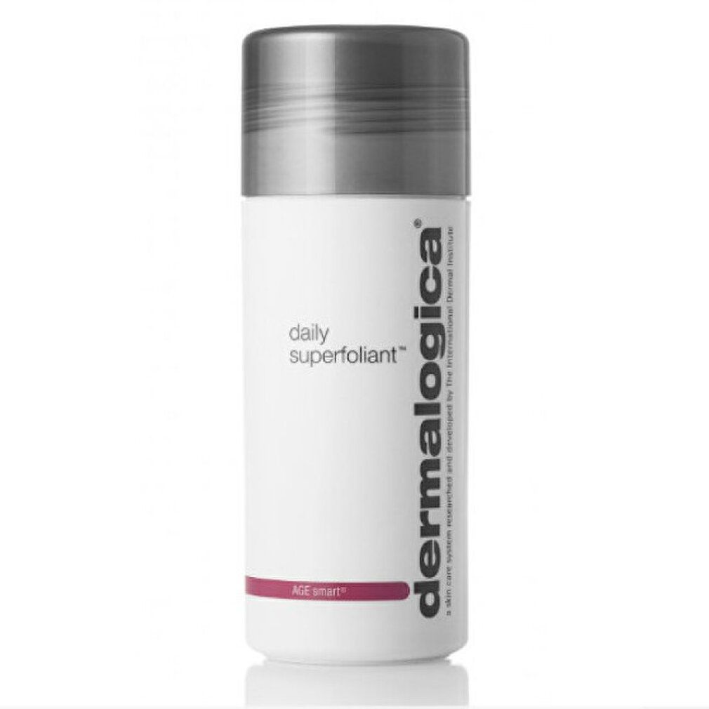 Weißer Behälter mit grauem Deckel. Aufschrift: daily superfoliant, AGE smart. Marke: dermalogica.