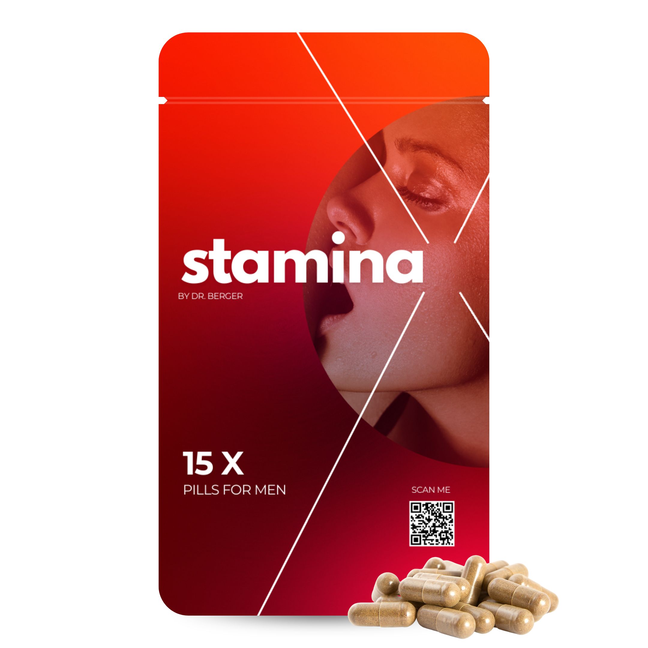 Beutel mit "stamina" und "15 X Pills for Men". Braune Kapseln liegen daneben.