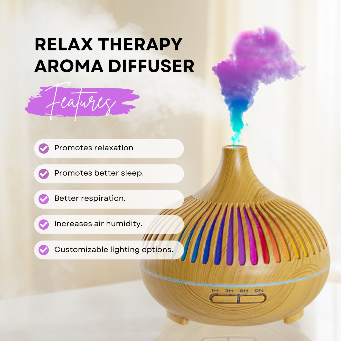 Aroma-Diffusor mit Holzmaserung und farbiger Beleuchtung. Text: Relax Therapy Aroma Diffuser, Features: Entspannung, Schlaf, Atmung.
