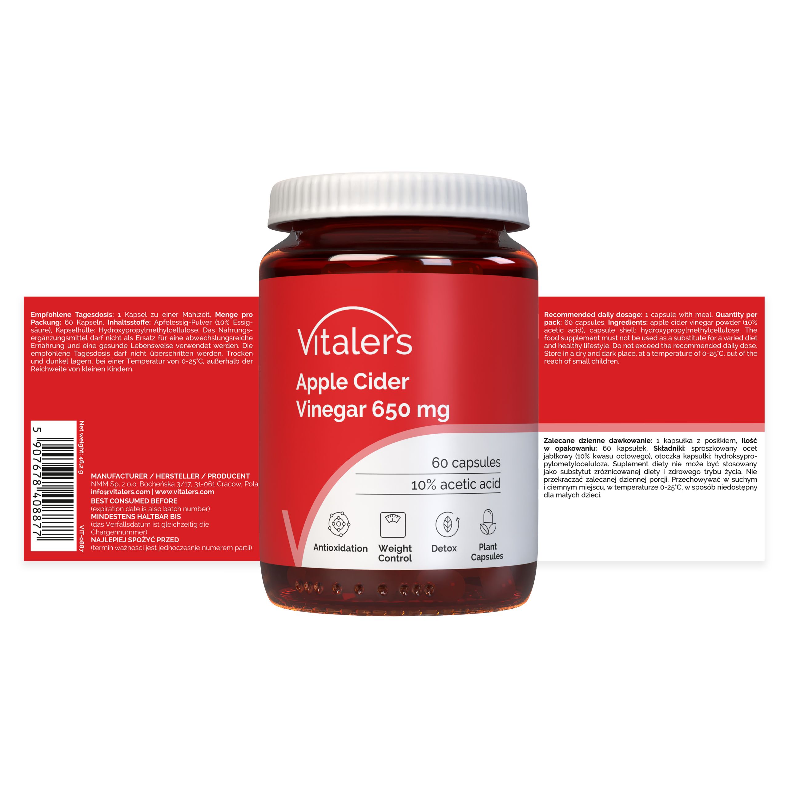 Vitaler's Apfelessig Kapseln 650 mg, 60 Stück. Rote Dose und Verpackung nebeneinander.