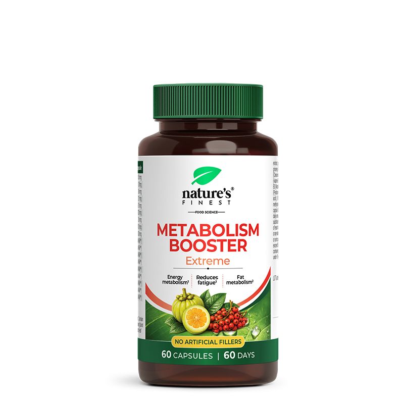 Braune Flasche mit grünem Deckel, Etikett zeigt 'Nature's Finest Metabolism Booster Extreme'. 60 Kapseln.