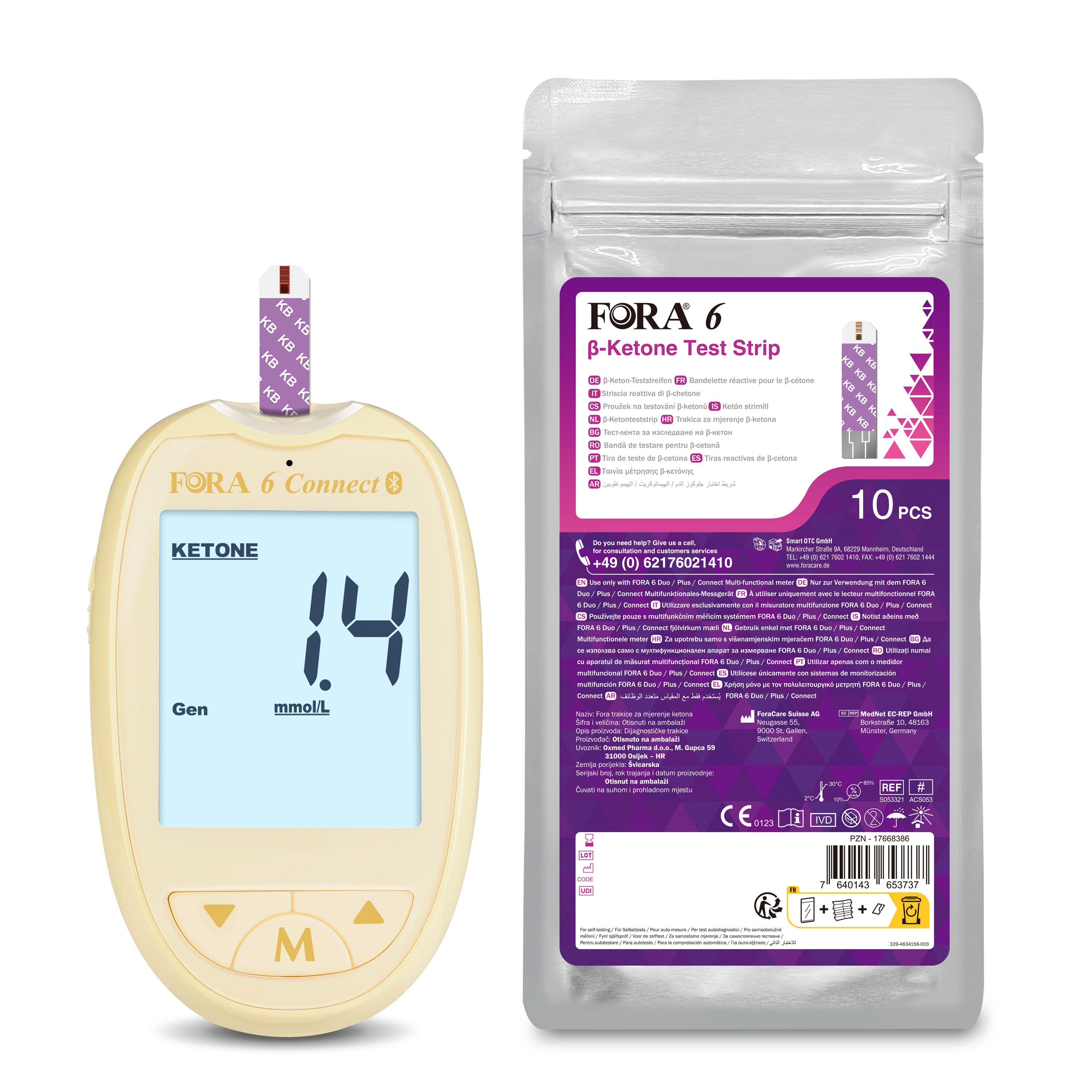 Gelbes FORA 6 Messgerät mit Display, zeigt 1.4 mmol/L. Daneben Packung mit Teststreifen.