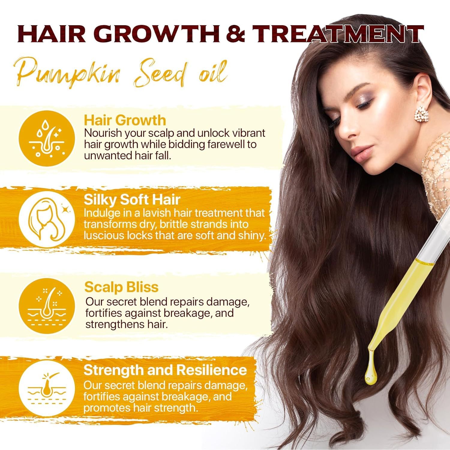 Frau mit langen, braunen Haaren. Text: Hair Growth & Treatment, Pumpkin Seed Oil. Illustrationen und Text über Haarwachstum und Pflege.