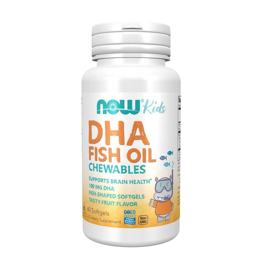 Weiße Flasche mit DHA Fischöl-Kautabletten. Aufschrift: DHA Fish Oil Chewables, unterstützt die Gehirngesundheit. Enthält 60 Softgels.