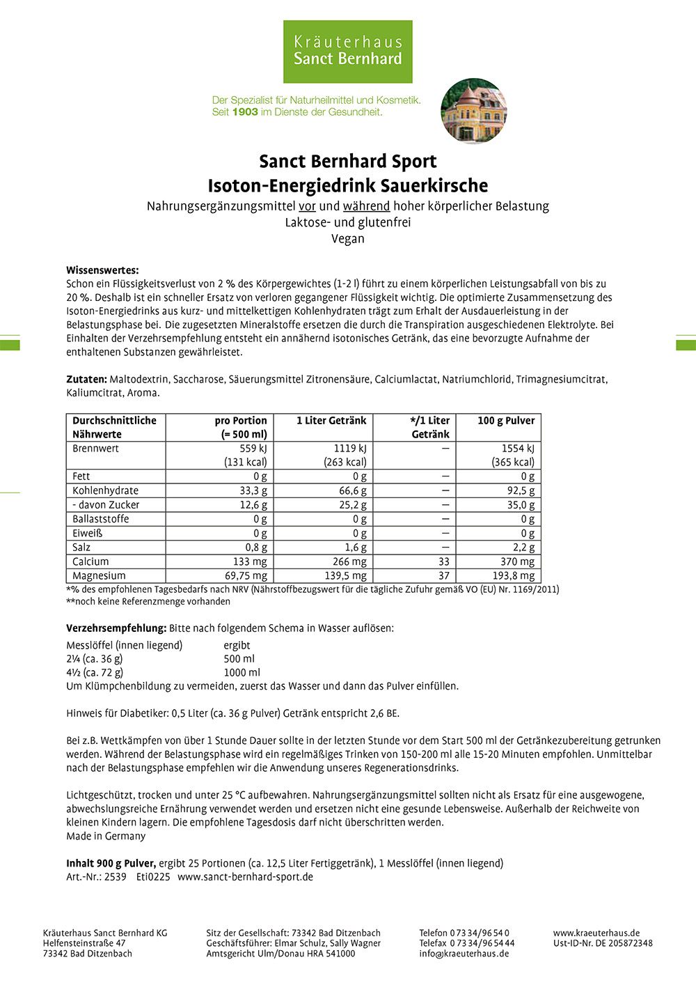 Weißes Blatt mit Tabellen und Text. Enthält Informationen zu Inhaltsstoffen und Nährwerten. Text in deutscher Sprache.