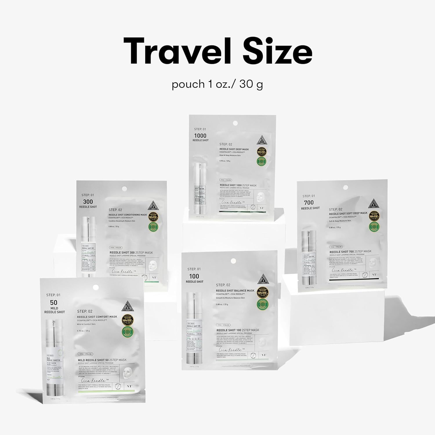 Fünf Maskenpackungen in verschiedenen Größen. Aufschrift: Travel Size. Produkt: VT COSMETICS Mild Reedle Shot 300 2-Step Mask.