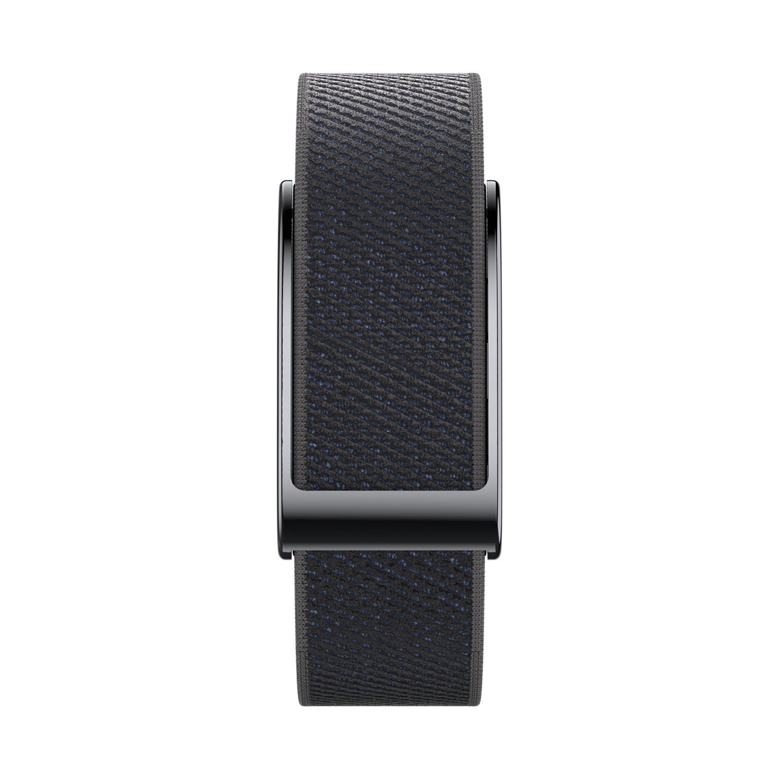 Nahaufnahme des schwarzen GPS Smart Armbands mit texturierter Oberfläche und Metallschnalle.