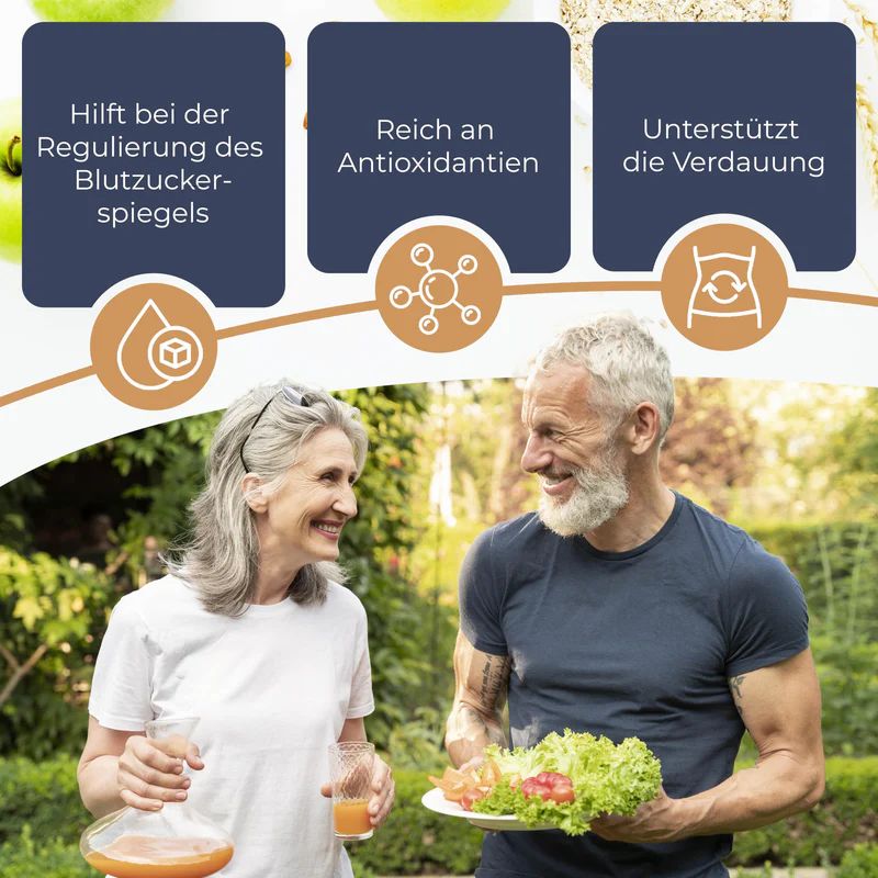 Älteres Paar genießt einen gesunden Lebensstil im Freien, mit Texten über Blutzucker, Antioxidantien und Verdauung.