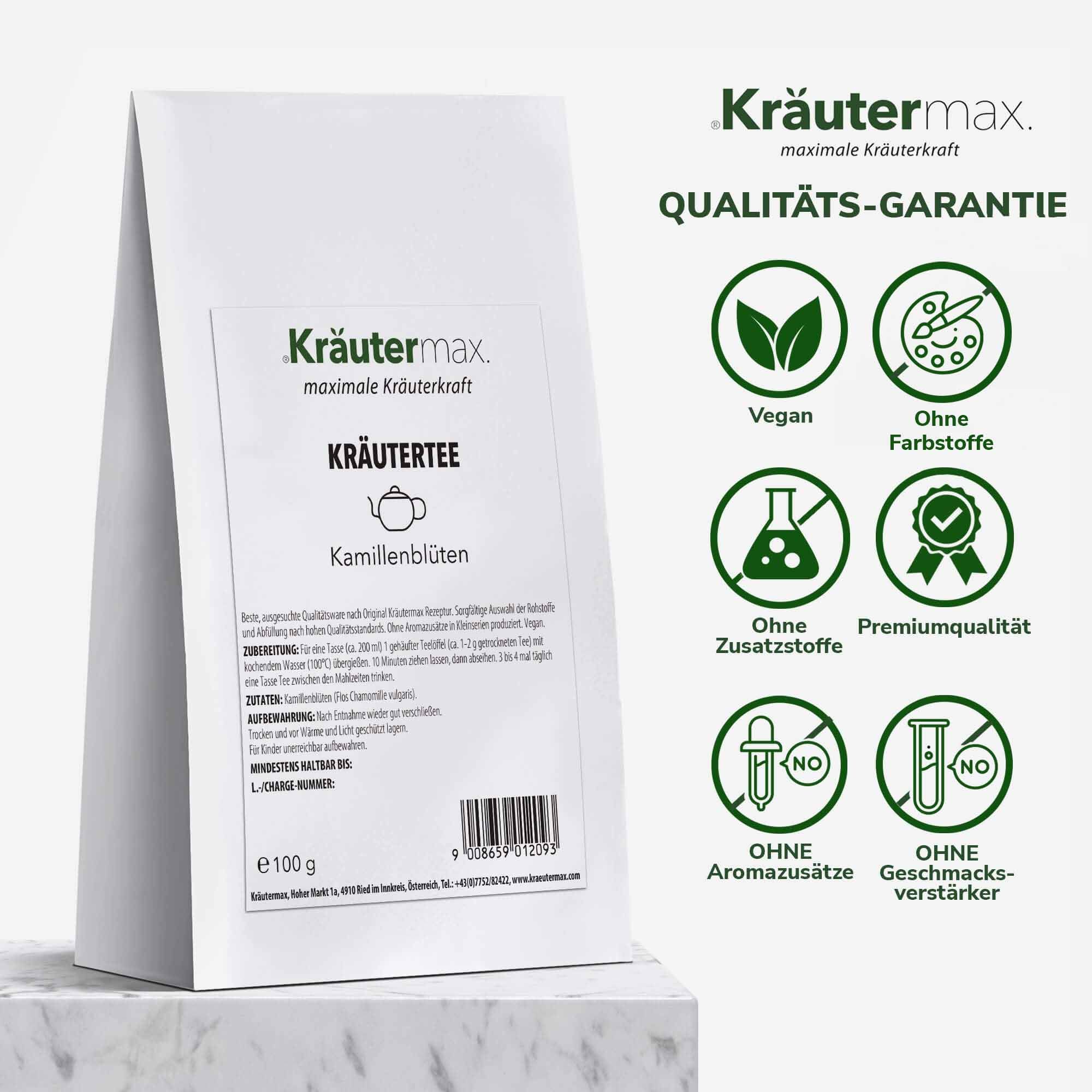 Weiße Kräutermax-Verpackung mit Qualitätsgarantie-Symbolen: Vegan, ohne Farbstoffe, ohne Zusatzstoffe, Premiumqualität, ohne Aromazusätze, ohne Geschmacksverstärker.