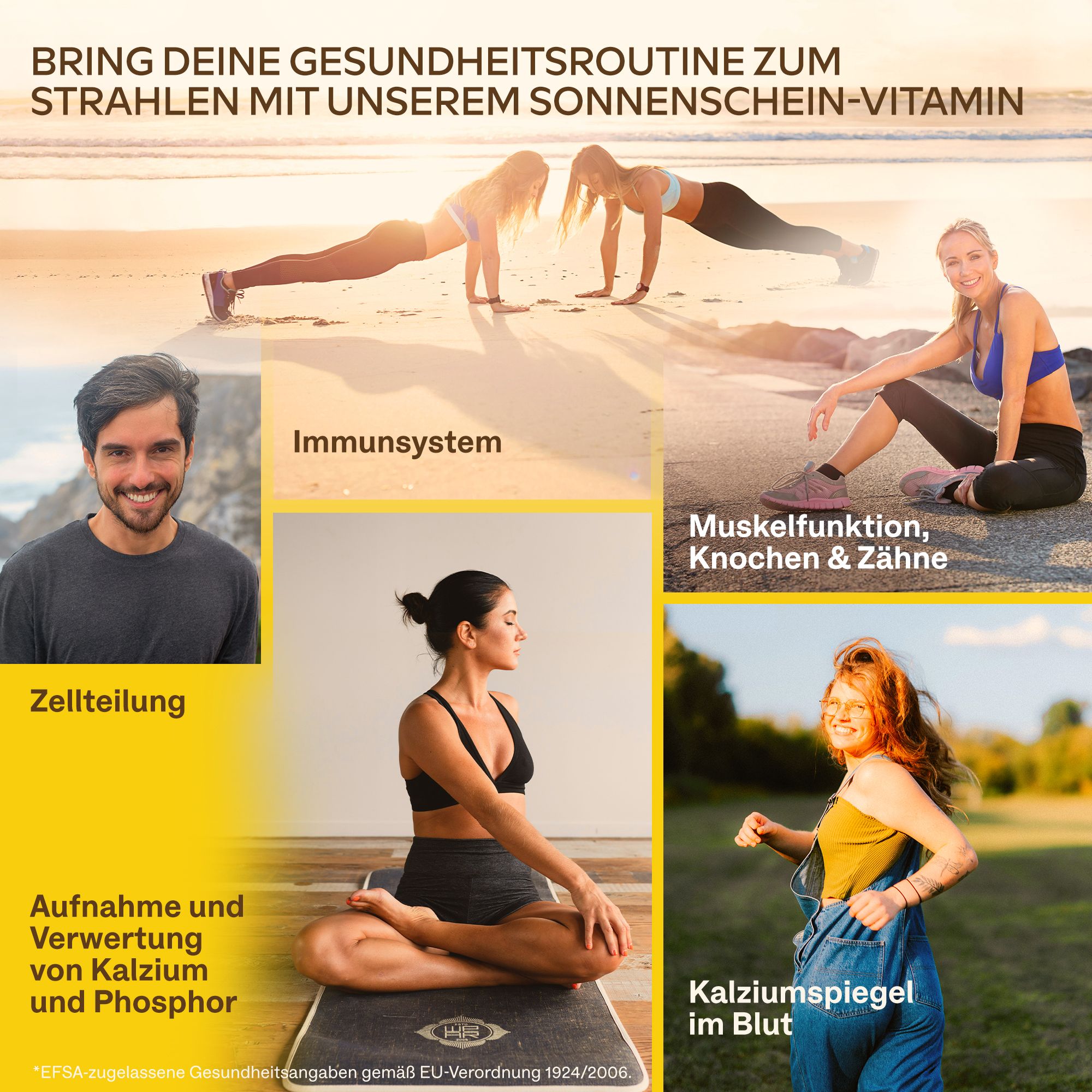 Menschen in verschiedenen Posen. Text: Immunsystem, Muskelfunktion, Zellteilung, Kalziumspiegel.