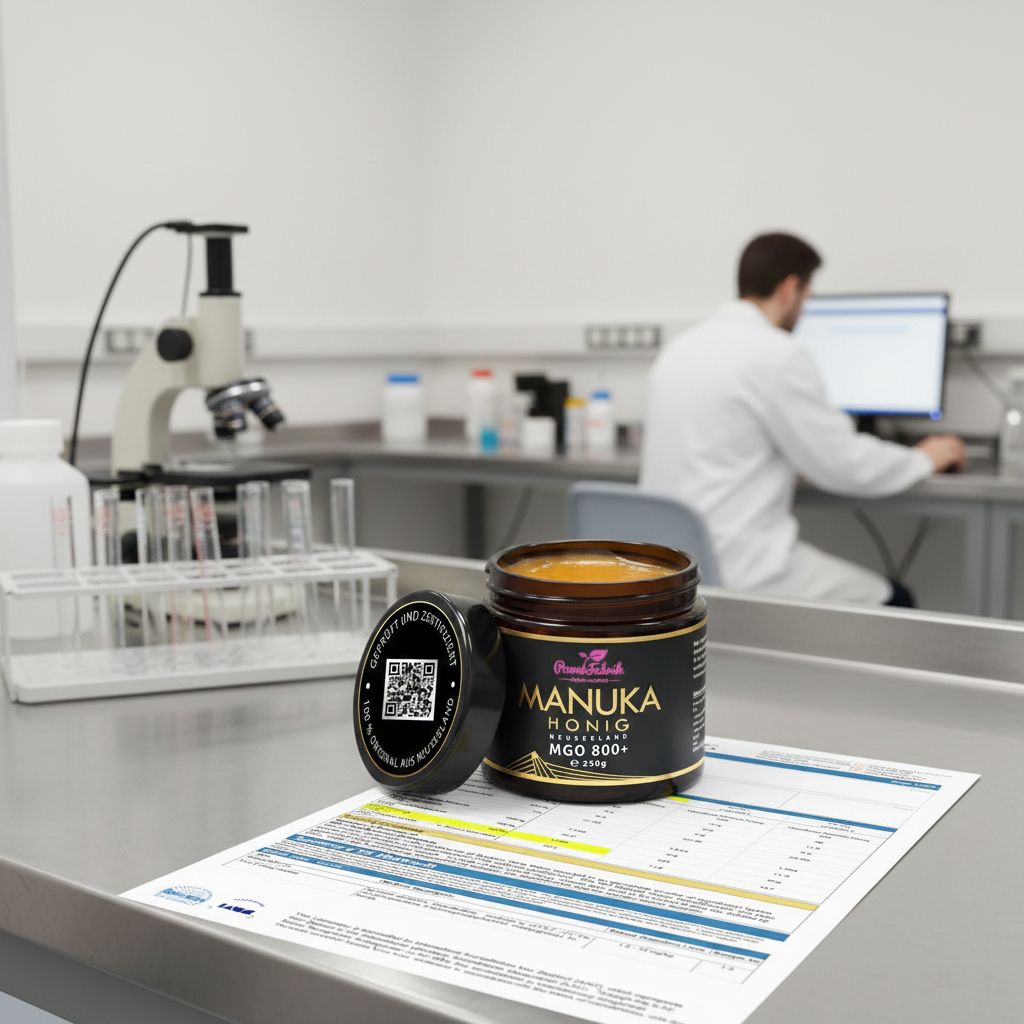 Glas Manuka Honig auf einem Tisch. Aufschrift: PowerFabrik Manuka Honig, MGO 800+. Deckel mit Zertifizierungslogo.