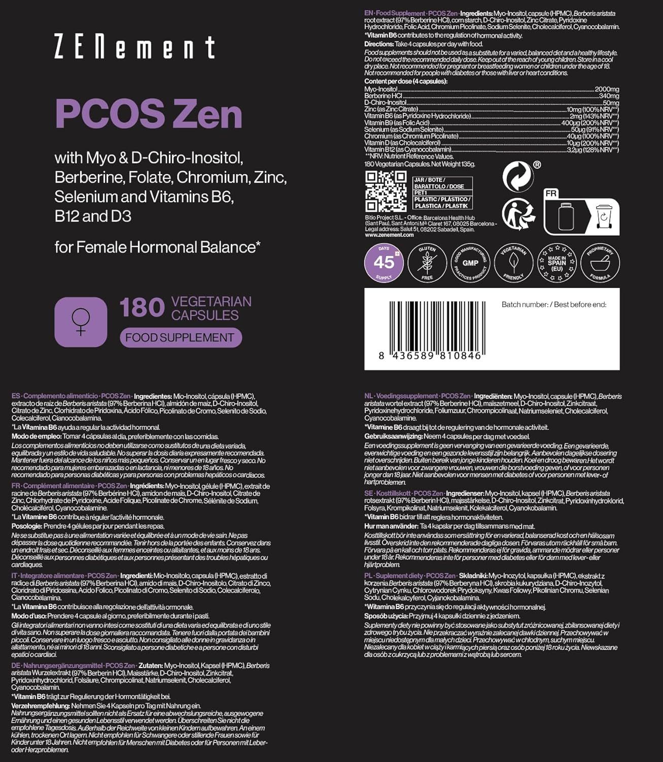 Rückseite der Flasche Zenement PCOS Zen. Text in mehreren Sprachen. Enthält Informationen zu Inhaltsstoffen, Anwendung und Zertifizierungen.