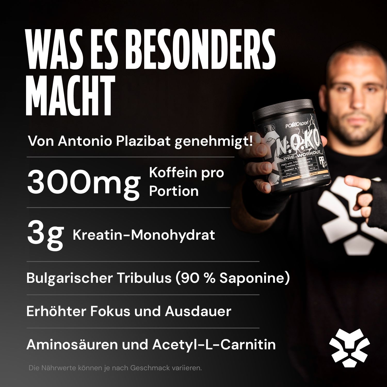 Dunkle Dose mit N.O.KO Pre-Workout. Enthält 300mg Koffein, 3g Kreatin-Monohydrat. Von Antonio Plazibat genehmigt. Text: Aminosäuren und Acetyl-L-Carnitin.